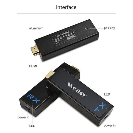 Measy W2H Nano Wireless HDMI Extender for Video Projection - compact RX and TX HDMI sticks with LED, HDMI connector and power input