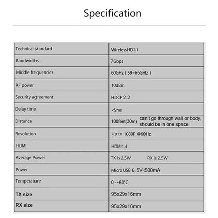 Measy W2H Nano Wireless HDMI Extender for Video Projection specification table showing 1080P@60Hz, 30m range, 60GHz band, HDMI1.4, HDCP 2.2