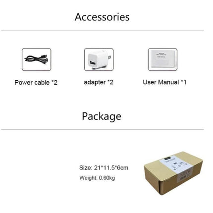 Measy W2H Nano Wireless HDMI Extender for Video Projection accessories and package contents showing power cables, adapters, user manual and box