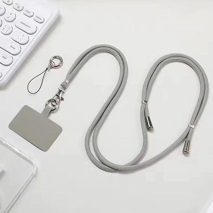 Adjustable Crossbody Phone Lanyard for Hands-Free Daily Use - grey nylon strap with metal clips and phone case attachment