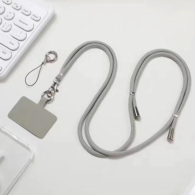 Adjustable Crossbody Phone Lanyard for Hands-Free Daily Use - grey nylon strap with metal clips and phone case attachment
