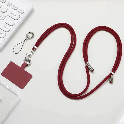 Adjustable Crossbody Phone Lanyard for Hands-Free Daily Use in burgundy with metal clips, phone case attachment and detachable key ring