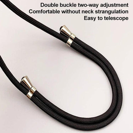 Adjustable Crossbody Phone Lanyard for Hands-Free Daily Use showing black cord with double buckle two-way adjustment and metal sliders