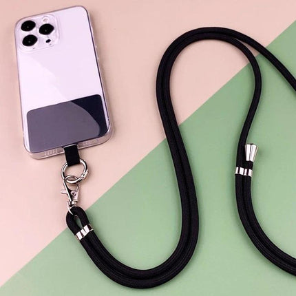 Adjustable Crossbody Phone Lanyard for Hands-Free Daily Use shown black cord with metal clip attached to phone case