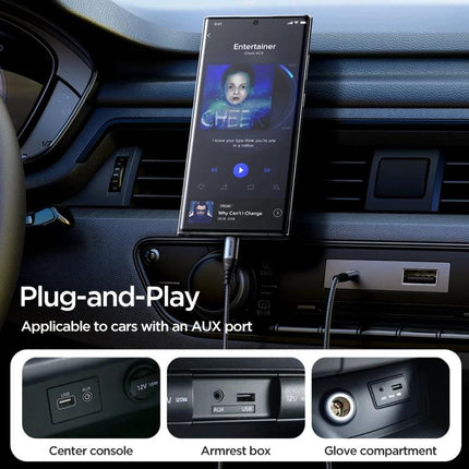 Joyroom USB-C to 3.5mm Adapter Cable for Daily Audio Connections braided nylon cable plugged into phone and car AUX for music and calls