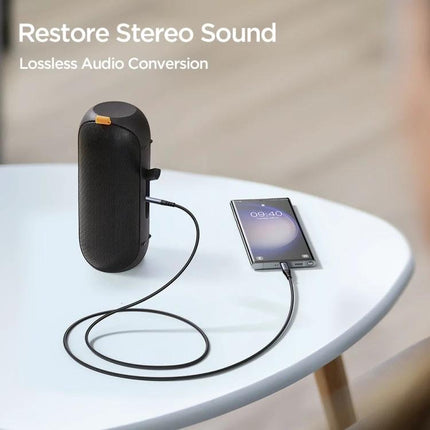 Joyroom USB-C to 3.5mm Adapter Cable for Daily Audio Connections - braided nylon cable connecting Android phone to portable speaker for clear, lossless audio