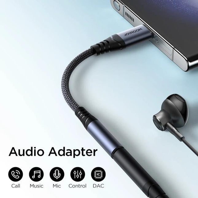 Joyroom Adapter for Daily Phone to Headphone Connections wired audio adapter showing phone, braided cable and earphones for calls and music