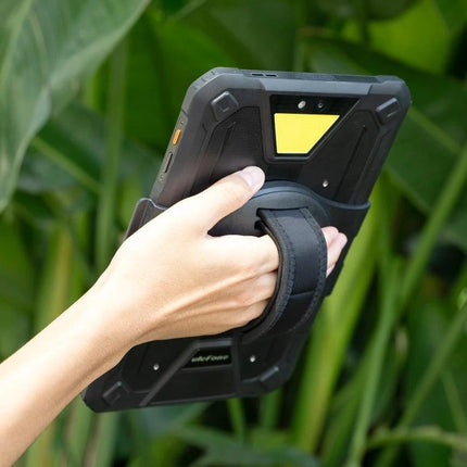 Portable Rotating Handheld Tablet Stand for Ulefone Armor Pad 2 held with secure hand strap showing 360-degree rotation and rugged design