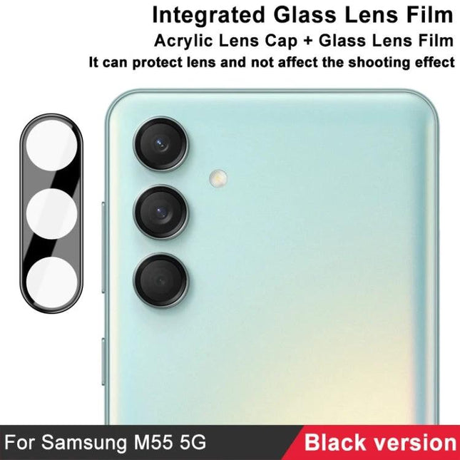 Imak Protective Glass Lens Film for Samsung Galaxy showing black acrylic cap and tempered glass protecting triple rear cameras on a Samsung M55 5G