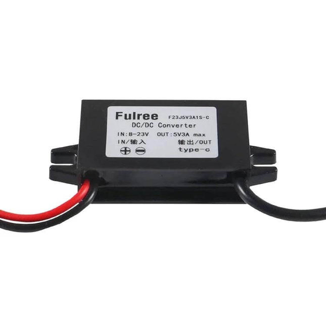 Car USB Power Converter 12V To 5V 3A Type C Car Charger compact black glue-filled DC-DC converter with USB-C output and red/black input wires