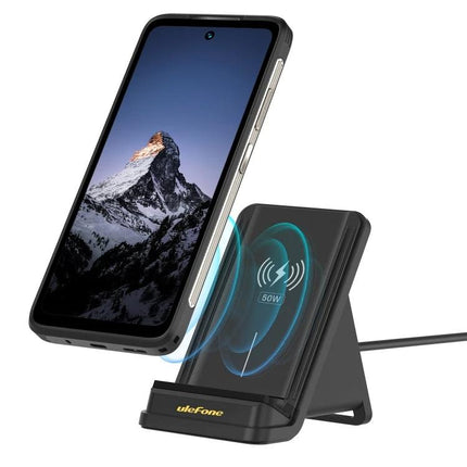 Ulefone Wireless Charger Stand for Everyday Desk Charging - black angled wireless charging stand with phone showing mountain wallpaper