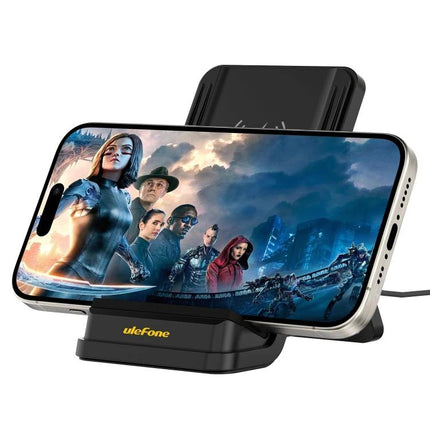 Ulefone Wireless Charger Stand for Everyday Desk Charging - black angled desk stand holding phone horizontally for hands-free viewing and charging