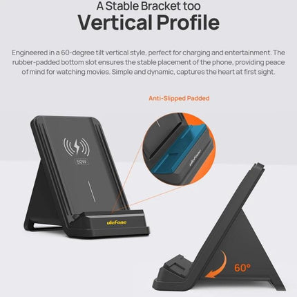Ulefone Wireless Charger Stand for Everyday Desk Charging – 60° vertical wireless charging stand with anti-slip padded base, hands-free desk holder