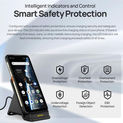 Ulefone Wireless Charger Stand for Everyday Desk Charging showing smart safety protection icons and phone on angled desk stand