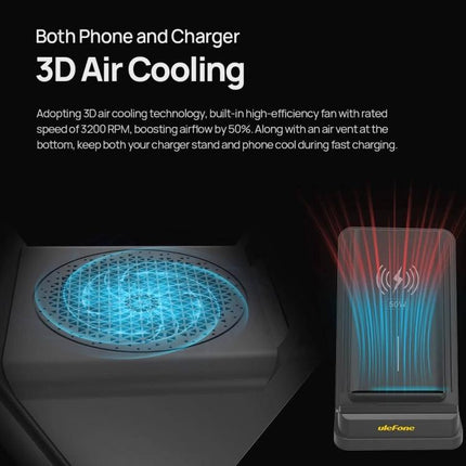 Ulefone Wireless Charger Stand for Everyday Desk Charging showing 3D air cooling fan and airflow graphics