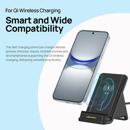 Ulefone Wireless Charger Stand for Everyday Desk Charging – black Qi fast-charging stand holding smartphone for hands-free desk use