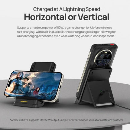 Ulefone Wireless Charger Stand for Everyday Desk Charging - black wireless charging stand holding phones horizontally and vertically