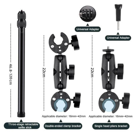 Motorcycle Handlebar Clamp Selfie Stick, 3-Stage Telescopic mounted with crab clamp and universal adapter for 16–42mm handlebars, telescopic pole 46.8–120cm