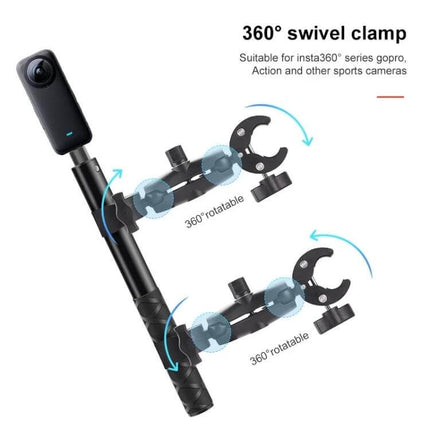 Motorcycle Handlebar Clamp Selfie Stick, 3-Stage Telescopic mounted with 360° swivel crab clamp showing adjustable ball head and telescopic pole