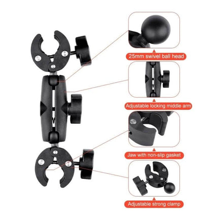 Motorcycle Handlebar Clamp Selfie Stick, 3-Stage Telescopic attached to handlebars showing 25mm swivel ball head and adjustable locking arm