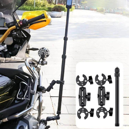 Motorcycle Handlebar Clamp Selfie Stick, 3-Stage Telescopic mounted on motorcycle handlebar capturing rider POV with ball head and crab clamp