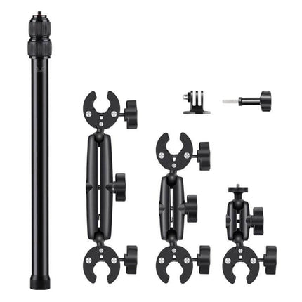 Motorcycle Handlebar Clamp Selfie Stick, 3-Stage Telescopic mounted with universal ball head and crab clamps for hands-free motorcycle POV footage