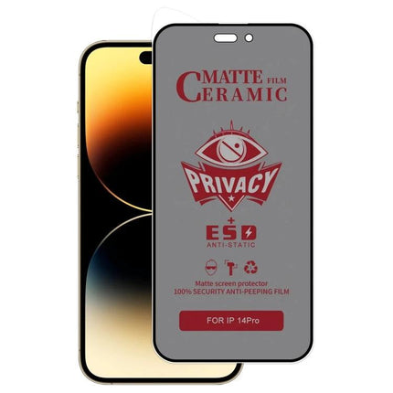 iPhone Frosted Screen Protector For Privacy In Daily Use On Trains And In Shared Spaces showing matte ceramic privacy film on iPhone 14 Pro with anti-peeping features