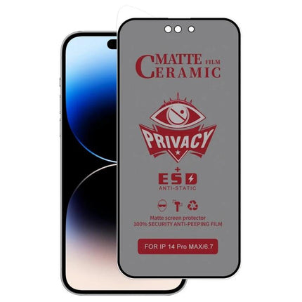 iPhone Frosted Screen Protector For Privacy In Daily Use On Trains And In Shared Spaces - matte ceramic privacy film showing privacy logo and fit for iPhone 14 Pro Max
