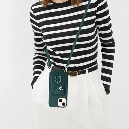Daily Phone Case With Card Slots And Lanyard in dark green worn crossbody with six card slots, durable PU/TPU protection and metal ring detail