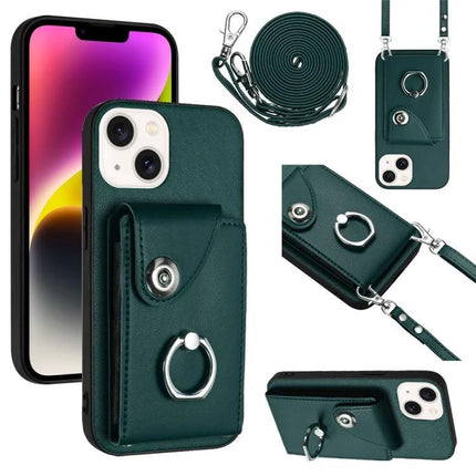 Daily Phone Case With Card Slots And Lanyard in dark green PU with six card slots, ring holder, detachable lanyard and wrist strap