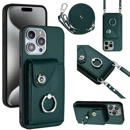 Essential Phone Case With Card Slots For Daily Carry in green leather with six-card pocket, ring, strap and magnetic closure for commuting