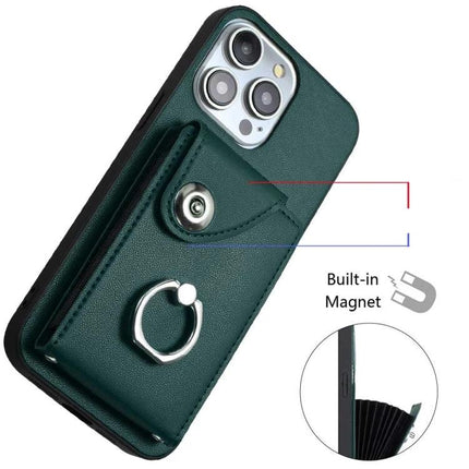 Essential Phone Case With Card Slots For Daily Carry in green leather with six-card pocket, snap closure and ring stand (built-in magnet)