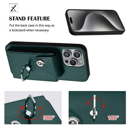 Essential Phone Case With Card Slots For Daily Carry - green leather case with 6-card pocket, ring kickstand and port access