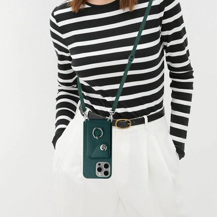 Essential Phone Case With Card Slots For Daily Carry shown in green crossbody style holding phone, six-card slots and strap for commutes