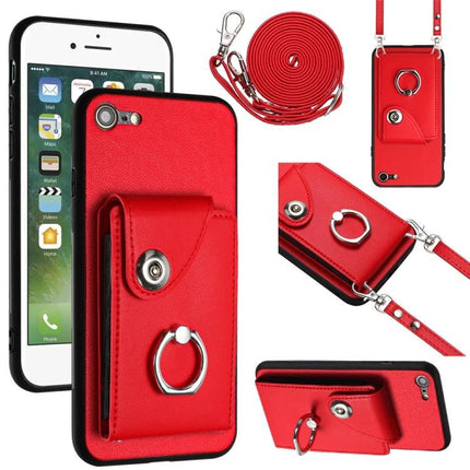 Essential Phone Case With Card Slots For Daily Carry in red leather with six-card pocket, ring holder and detachable strap