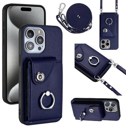Phone Case With Card Holder For Daily Essentials Perfect For Quick Errands And Commutes navy blue wallet case with ring, strap, six card slots and slim protective shell