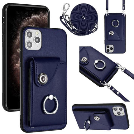 iPhone Case With Card Holder For Daily Essentials Carry Phone And Cards On The Go - navy leather wallet case with six card slots, ring holder and crossbody strap
