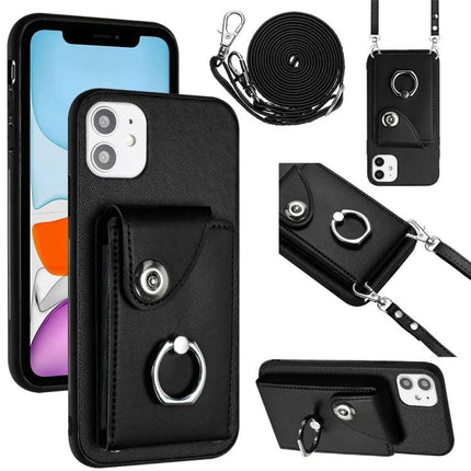 iPhone Case With Card Holder For Daily Essentials Carry Phone And Cards On The Go - black leather wallet case with ring, strap and six card slots