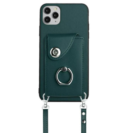 Phone Case With Card Storage For Everyday Errands And Daily Walks Slim Carrying ID And Cards - green PU case with six-slot card pouch, ring and removable crossbody strap