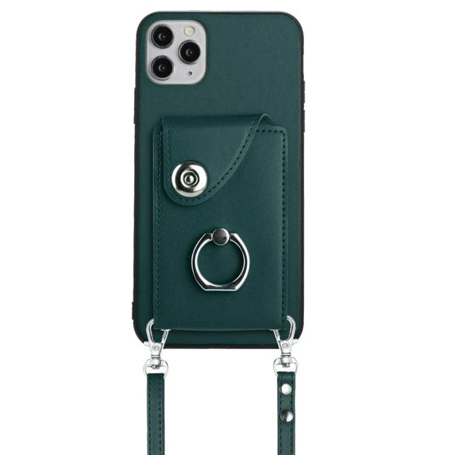 Phone Case With Card Storage For Everyday Errands And Daily Walks Slim Carrying ID And Cards - green PU case with six-slot card pouch, ring and removable crossbody strap