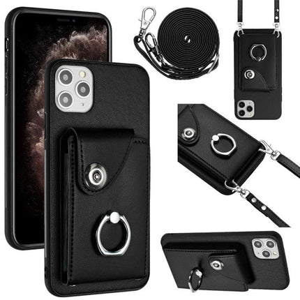 Phone Case With Card Storage For Everyday Errands And Daily Walks Slim Carrying ID And Cards slim black PU wallet case with ring, six card slots, cash slot and removable crossbody strap