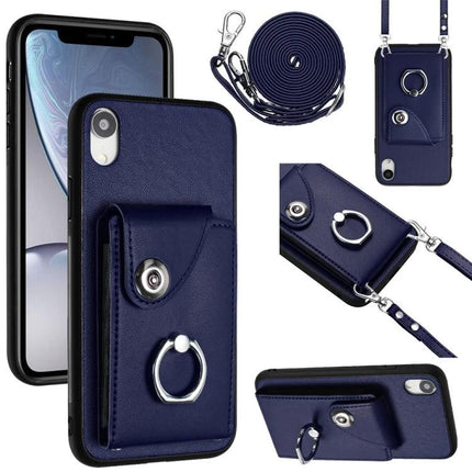 Phone Case With Card Storage For Everyday Errands And Daily Walks Slim Carrying ID And Cards navy PU wallet case with strap, 6-card slots, cash pocket, ring grip