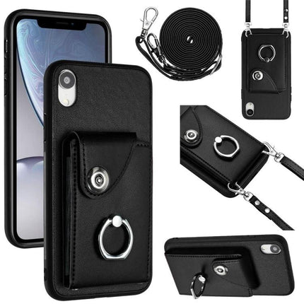 Phone Case With Card Storage For Everyday Errands And Daily Walks Slim Carrying ID And Cards slim black PU wallet case with ring, six-card slots, cash slot and removable crossbody strap