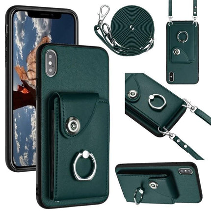 Phone Case With Card Storage For Everyday Errands And Daily Walks Slim Carrying ID And Cards - green PU wallet case with strap, ring, 6-card slots, cash slot