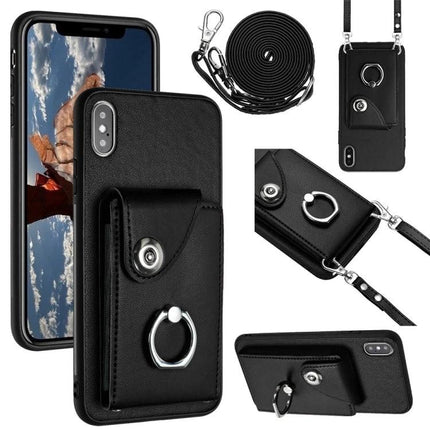 Phone Case With Card Storage For Everyday Errands And Daily Walks Slim Carrying ID And Cards - black PU wallet case with strap, ring and six-card slots