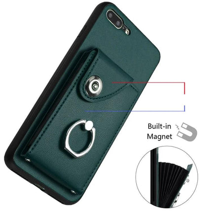 Phone Case With Card Slots For Everyday Outings in green PU with 6 card slots, snap pocket and ring holder for hands-free use