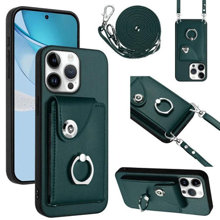 Phone Case With Lanyard Card Slots in dark green PU with card pocket, ring holder and adjustable shoulder strap for travel and commuting