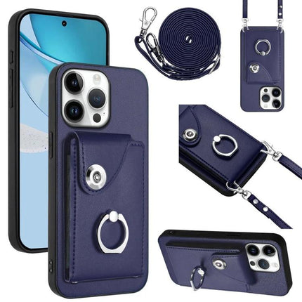 Phone Case With Lanyard Card Slots - navy PU protective wallet case with ring kickstand, adjustable crossbody lanyard and card slots
