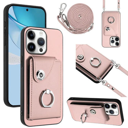 Phone Case With Lanyard Card Slots pink PU leather phone case with ring, card slots and adjustable lanyard for travel and commuting