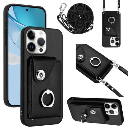 Phone Case With Lanyard Card Slots — black PU leather phone case with adjustable lanyard, ring holder, and built-in card slots for travel and commuting